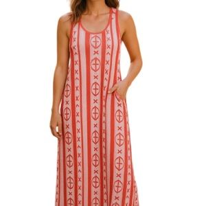J. CREW Aztec Print Maxi Tank Dress Coral Orange White Ikat Racerback Beachy S